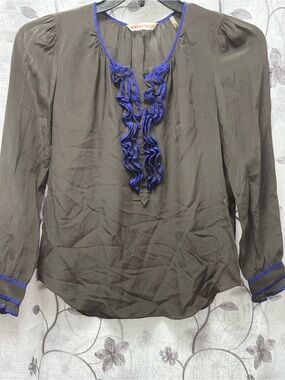 Rebecca Taylor Black Silk Blouse with Royal Blue Ruffle Trim